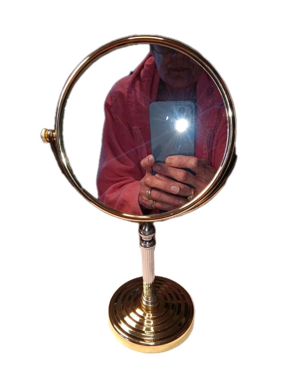 Double-Sided Tabletop Makeup Mirror gold-tone And silver metal finish swivel VTG